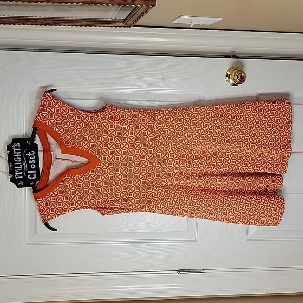 New York & Company Medium Dress Orange White Sleeveless Pockets